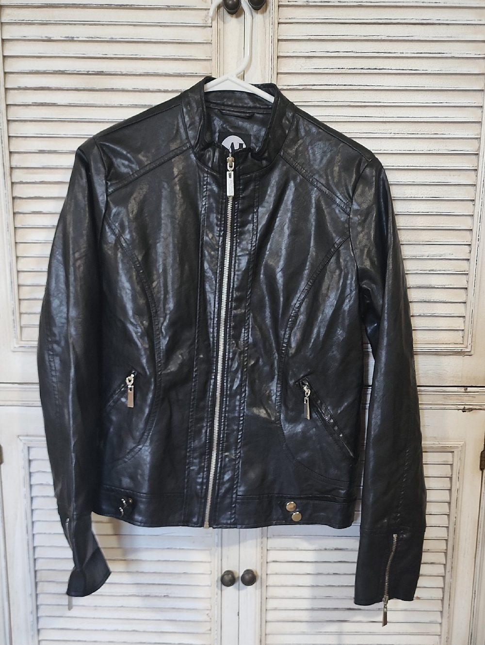 Classic Black Faux Leather Zip Front Jacket - Women's